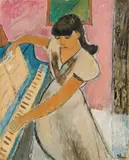 Pike ved piano by Johannes Rian, 1949, Olje på papir, oppklebet på plate, sold Nov 2016