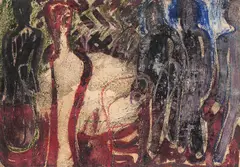 Rolf Nesch, Figurer rundt et bord, 1932, Pulverteknikk på papir