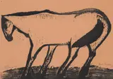Ludvig Eikaas, Hest i vind, 1953, Tresnitt trykket på grå-rosa papir