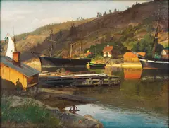 Hans Gude, Landingsbrygge Husvik, Drøbak, 1875, Olje på lerret, oppklebet på plate