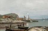 Nikolai Ulfsten, Fiskere i havn på Jæren, 1885, Olje på lerret