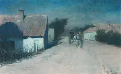 Frits Thaulow, Fransk landsbygate i måneskinn, 1893, Pastell, lysmål