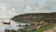 Morten Müller, Fjordlandskap med folkeliv, 1892, Olje på lerret