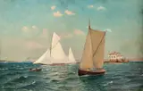 Nils Hansteen, Båter ved Dyna Fyr, 1896, Olje på lerret, oppklebet på plate