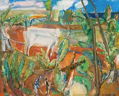 Alexander Schultz, Okseforspann, 1957, Olje på lerret
