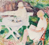 To kvinner sittende i en hage by Arne Kavli, Olje på lerret, sold May 2016