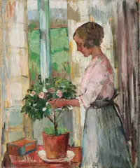 Henrik Lund, Gunbjør steller blomster, Olje på lerret