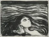 Edvard Munch, På kjærlighetens bølger, Litografi trykket i svart på tynt japanpapir