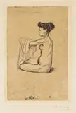 Edvard Munch, Kvinne som tar linnetet på, Radering trykket i svart på tykt gulhvitt papir
