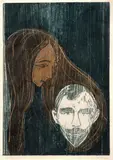 Edvard Munch, Mannshode i kvinnehår, Fargetresnitt trykket i tre farger, svart, grått