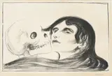 Edvard Munch, Dødskyss, Litografi trykket i svart på middels tynt riflet
