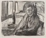 Edvard Munch, Selvportrett ved vinen, Litografi trykket i svart på middels tynt,