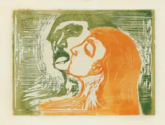 Hode ved hode by Edvard Munch, Fargetresnitt trykket i to farger, grønt og, sold Dec 2015