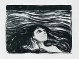 Edvard Munch, På kjærlighetens bølger, Litografi trykket i svart på tynt gråhvitt papir