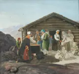 Johannes Flintoe, Genrescene fra Hallingdal, Gouache, lysmål