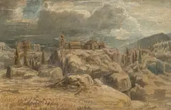 Lars Hertervig, Landskap med seter, 1856, Akvarell og gouache på papir, lysmål