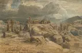 Lars Hertervig, Landskap med seter, 1856, Akvarell og gouache på papir, lysmål