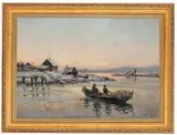 Frithjof Smith-Hald, Vinterlandskap med garnfiskere i robåt, 1892, Olje på lerret