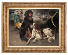 Karl Uchermann, Gordon setter og engelsk setter ved en grue, Olje på lerret