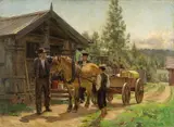 Jacob Gløersen, To menn og en gutt ved hest og kjerre, 1907, Olje på lerret