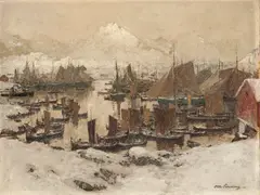 Otto Sinding, Fiskehavn i Lofoten, Olje på papir, oppklebet på lerret