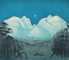 Harald Sohlberg, Vinternatt i Rondane, Fargelitografi, oppklebet på papp