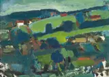 Landskap med hus by Jakob Weidemann, 1957, Olje på plate, sold Nov 2015