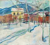 Otto Emil Johansen, Vinterlandskap med hus, Lillehammer, 1916, Olje på lerret