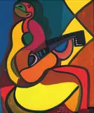Kvinne med gitar by Jakob Weidemann, Olje på plate, sold Nov 2015