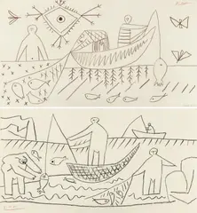 Pablo Picasso, Fiskerne, Fettstift i brunt og svart på tykt gulhvitt papir