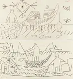 Fiskerne by Pablo Picasso, Fettstift i brunt og svart på tykt gulhvitt papir, sold Nov 2015