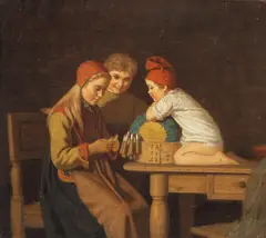 Karl Lorck, To barn ser på pike som knipler, Olje på lerret