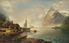 Anders Askevold, Fjordlandskap med folkeliv, 1893, Olje på lerret