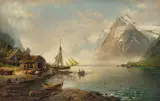 Anders Askevold, Fjordlandskap med folkeliv, 1893, Olje på lerret