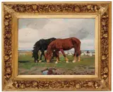 Elisabeth Sinding, To gressende hester, 1899, Olje på lerret