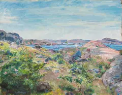 August Eiebakke, To kvinner i sommerlandskap, Olje på lerret
