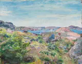 August Eiebakke, To kvinner i sommerlandskap, Olje på lerret