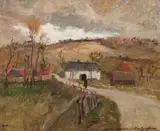 Fransk landsbygate med hus by Frits Thaulow, Olje på lerret, sold Jun 2015