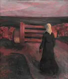Kvinne ved grind by Arne Kavli, Olje på lerret, sold Jun 2015