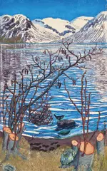 Nikolai Astrup, Fugl på sten, Fargetresnitt med håndkolorering