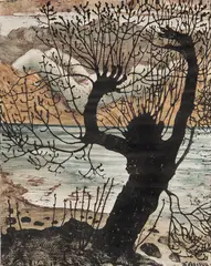 Nikolai Astrup, Vårnatt og seljekall, Fargetresnitt med håndkolorering