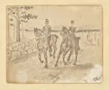 Edvard Munch, Kvinne og mann ridende i galopp, Blyant og fargeblyant i grønt og rødt på tykt
