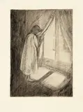 Edvard Munch, Piken ved vinduet, Radering trykket i svart på middels tykt gulhvitt
