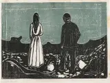Edvard Munch, To mennesker. De ensomme, Tresnitt trykket i svart og gråblått på tynt