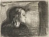 Edvard Munch, Det syke barn I, Litografi i svart på tynt grålig papir, oppklebet