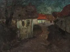 Frits Thaulow, Fransk landsby i måneskinn, Olje på lerret