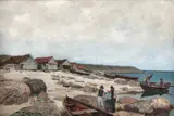 Nikolai Ulfsten, Kystlandskap med fiskere, naust og robåter, 1885, Olje på lerret
