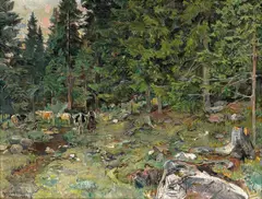 Gerhard Munthe, Kyr i skogen Ulvin, 1920, Olje på lerret