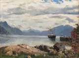 Hans Andreas Dahl, Fjordabåten kommer, Olje på lerret, oppklebet på plate