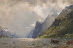 Anton Rasmussen, Fjordlandskap med folkeliv, Olje på lerret